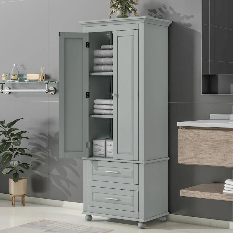 Meuble de rangement haut de salle de bain gris avec portes doubles et deux tiroirs
