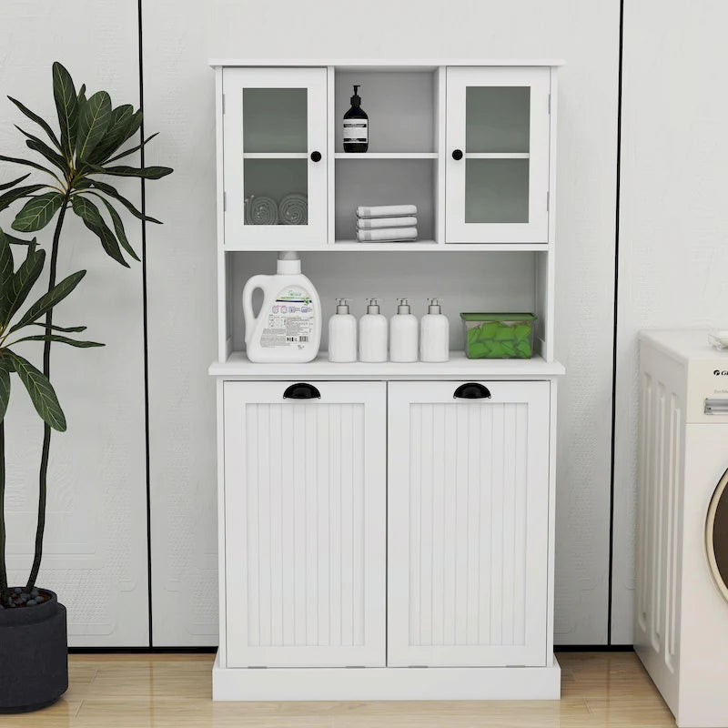 Meuble à Linge Haut avec 2 Compartiments à Panier Basculant et Armoire Supérieure avec Porte Vitrée