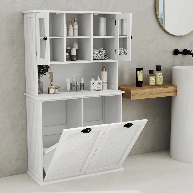 Meuble à Linge Haut avec 2 Compartiments à Panier Basculant et Armoire Supérieure avec Porte Vitrée