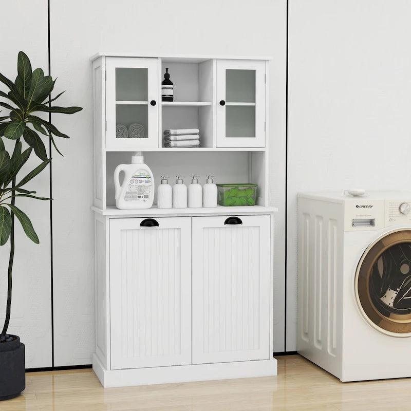 Meuble à Linge Haut avec 2 Compartiments à Panier Basculant et Armoire Supérieure avec Porte Vitrée