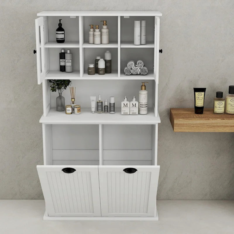 Meuble à Linge Haut avec 2 Compartiments à Panier Basculant et Armoire Supérieure avec Porte Vitrée