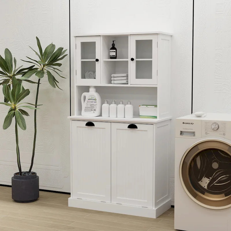 Meuble à Linge Haut avec 2 Compartiments à Panier Basculant et Armoire Supérieure avec Porte Vitrée