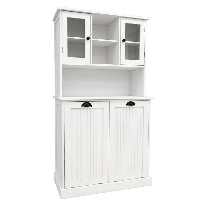 Meuble à Linge Haut avec 2 Compartiments à Panier Basculant et Armoire Supérieure avec Porte Vitrée
