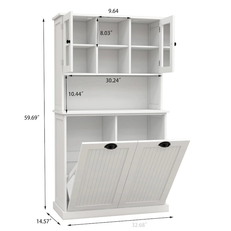 Meuble à Linge Haut avec 2 Compartiments à Panier Basculant et Armoire Supérieure avec Porte Vitrée