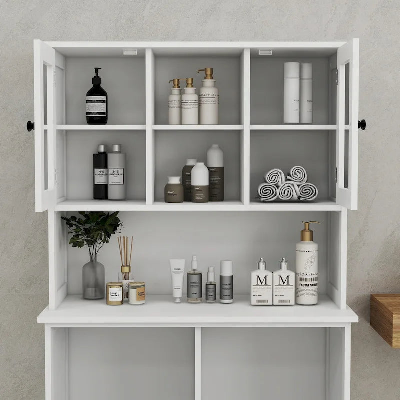 Meuble à Linge Haut avec 2 Compartiments à Panier Basculant et Armoire Supérieure avec Porte Vitrée