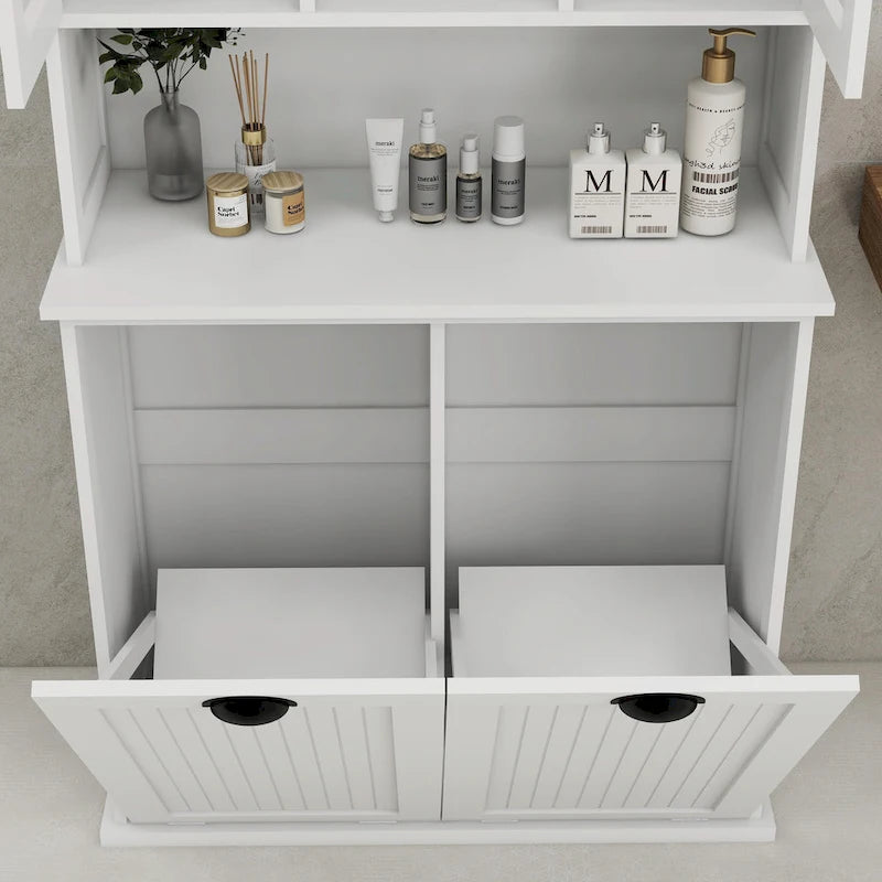 Meuble à Linge Haut avec 2 Compartiments à Panier Basculant et Armoire Supérieure avec Porte Vitrée