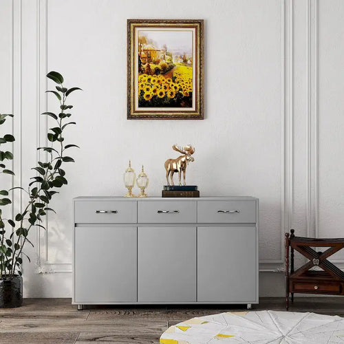 Buffet de rangement 3 tiroirs 3 portes avec pieds en acier et coins arrondis