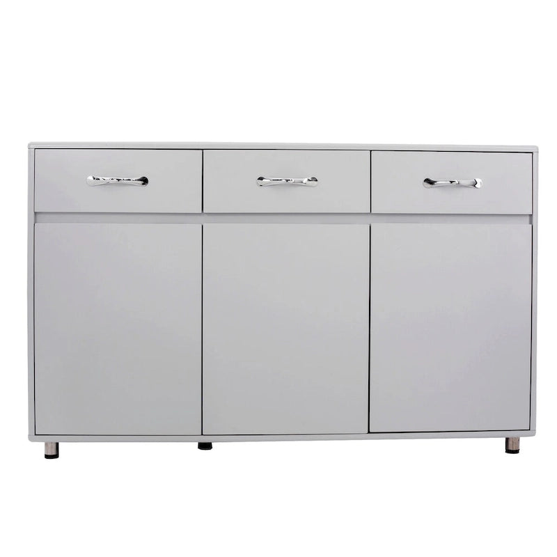 Buffet de rangement 3 tiroirs 3 portes avec pieds en acier et coins arrondis