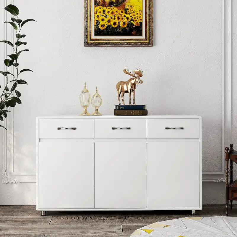 Buffet de rangement 3 tiroirs 3 portes avec pieds en acier et coins arrondis