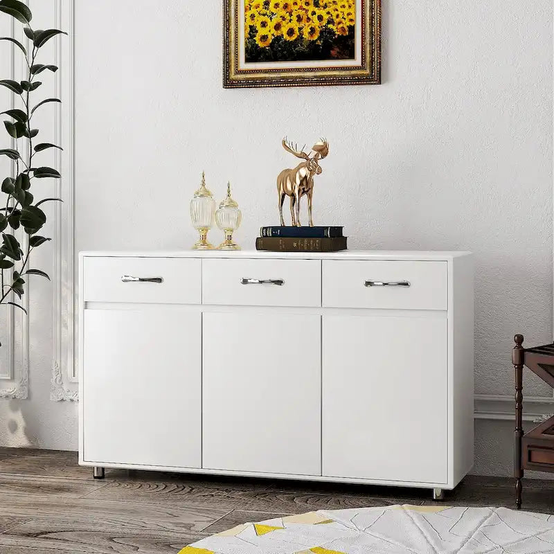 Buffet de rangement 3 tiroirs 3 portes avec pieds en acier et coins arrondis