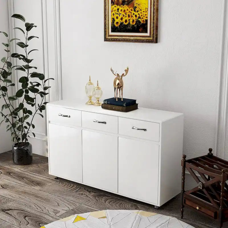 Buffet de rangement 3 tiroirs 3 portes avec pieds en acier et coins arrondis