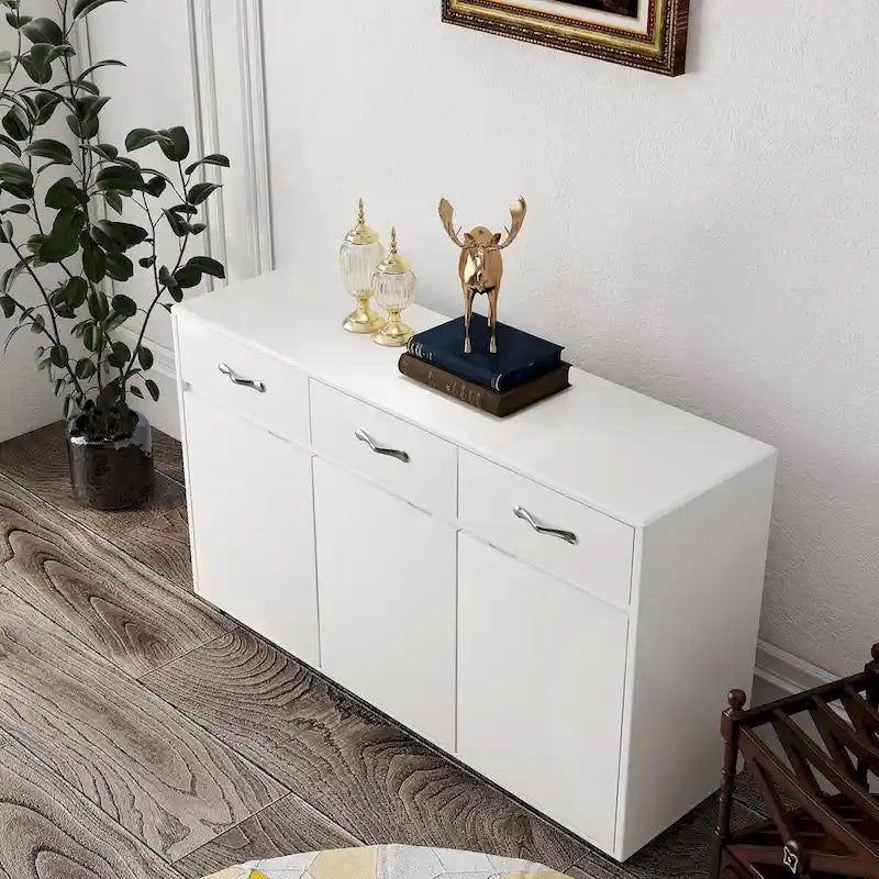 Buffet de rangement 3 tiroirs 3 portes avec pieds en acier et coins arrondis