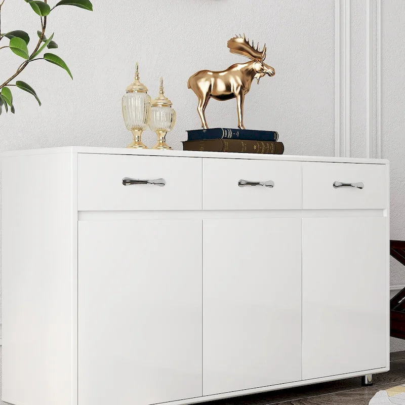Buffet de rangement 3 tiroirs 3 portes avec pieds en acier et coins arrondis