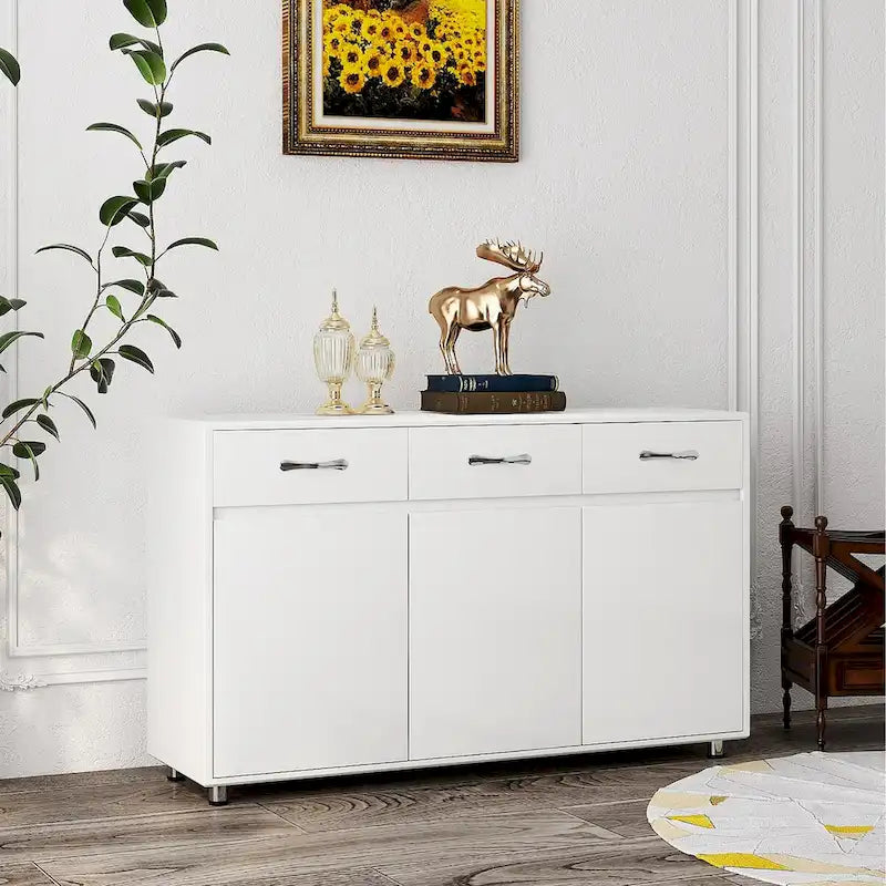 Buffet de rangement 3 tiroirs 3 portes avec pieds en acier et coins arrondis