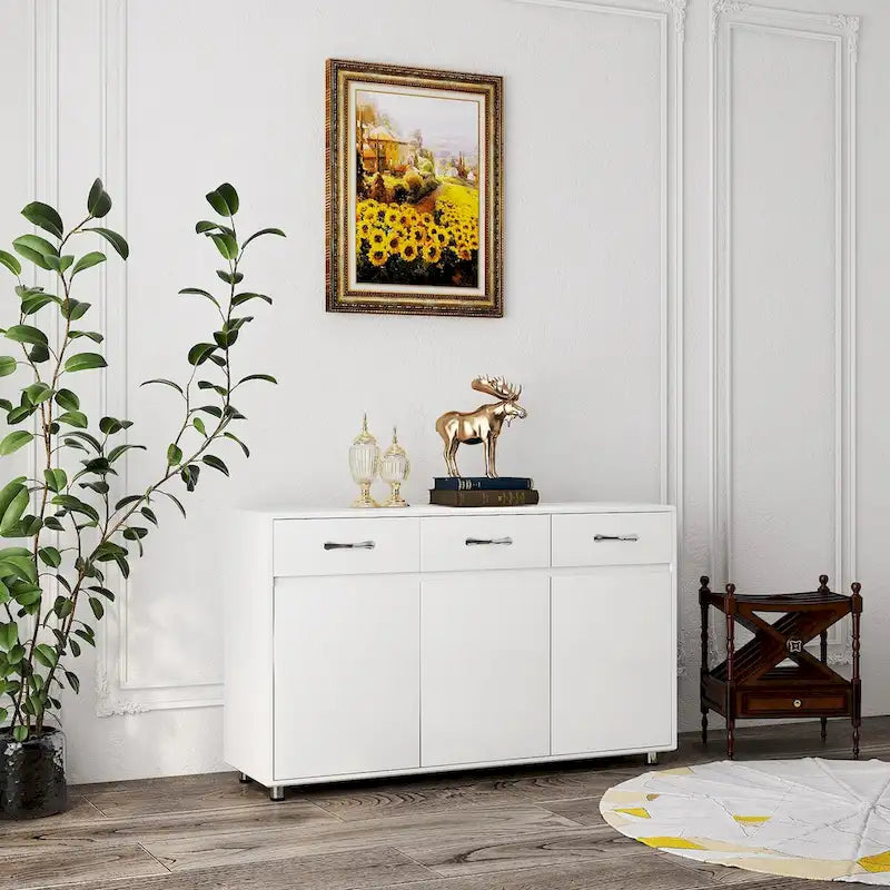 Buffet de rangement 3 tiroirs 3 portes avec pieds en acier et coins arrondis
