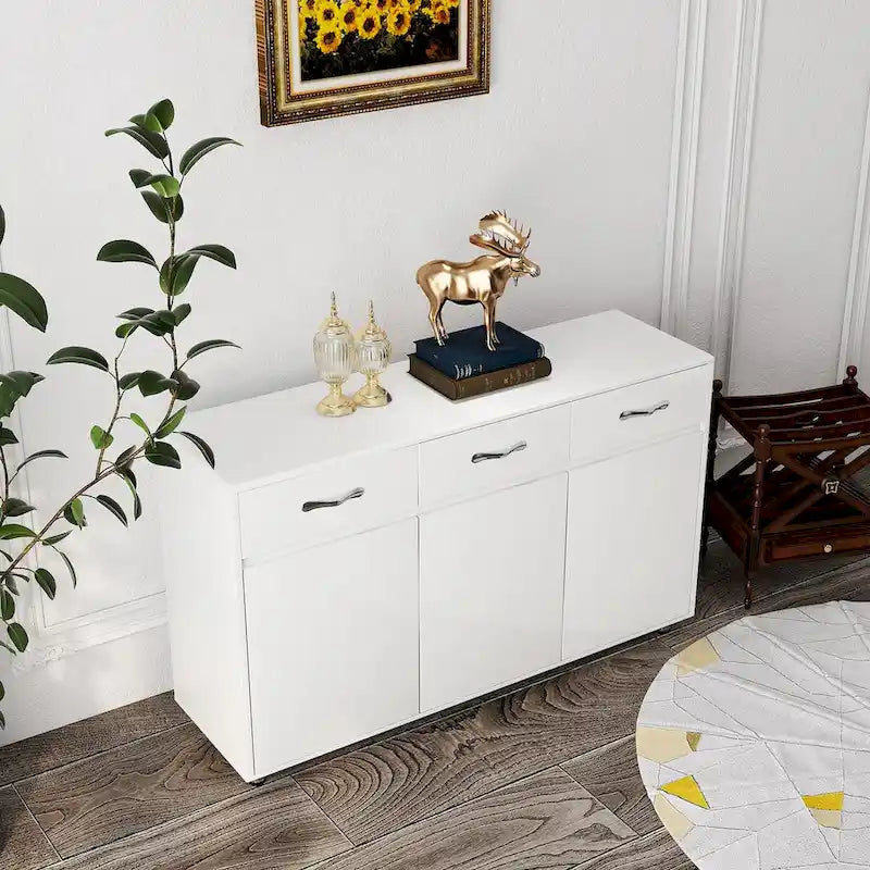 Buffet de rangement 3 tiroirs 3 portes avec pieds en acier et coins arrondis