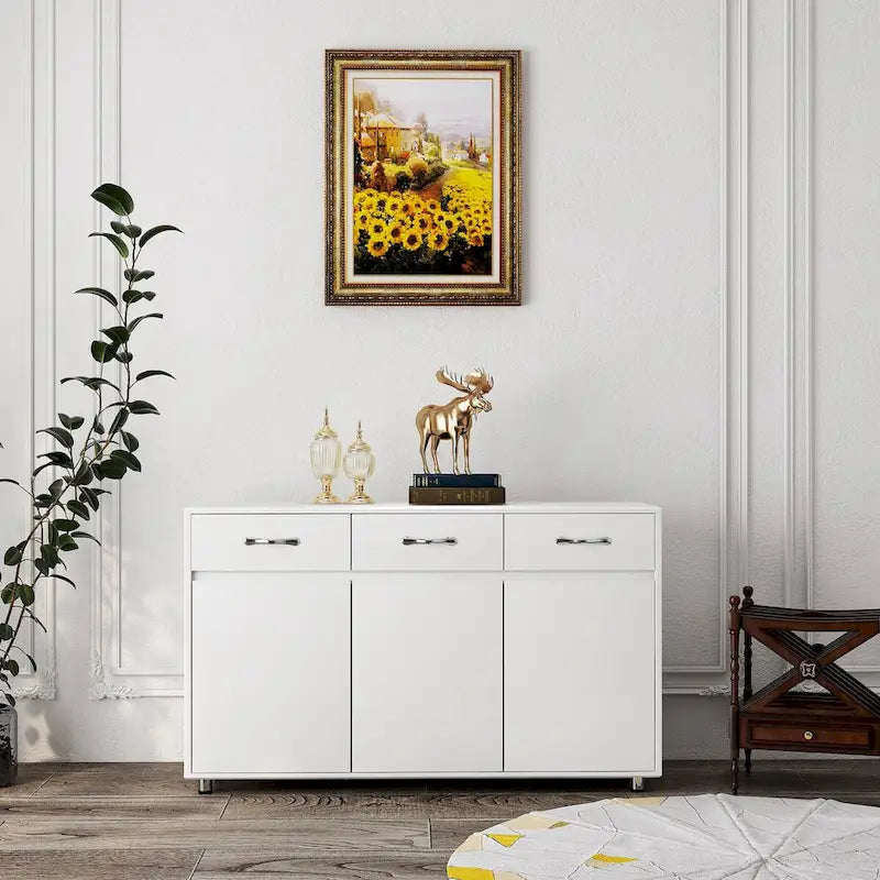 Buffet de rangement 3 tiroirs 3 portes avec pieds en acier et coins arrondis