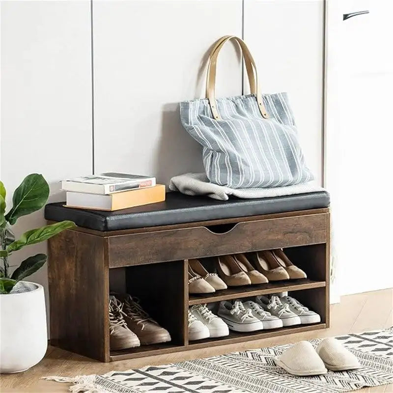 Banc de rangement pour chaussures en similicuir avec coussin, dessus rabattable et étagère à 2 niveaux
