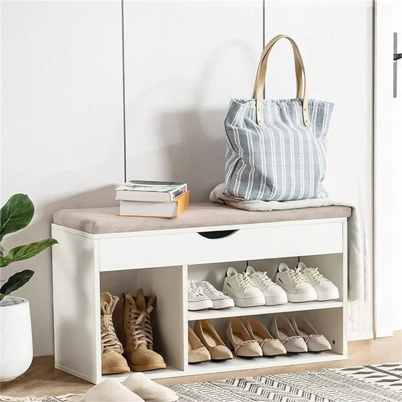 Banc de rangement pour chaussures en similicuir avec coussin, dessus rabattable et étagère à 2 niveaux