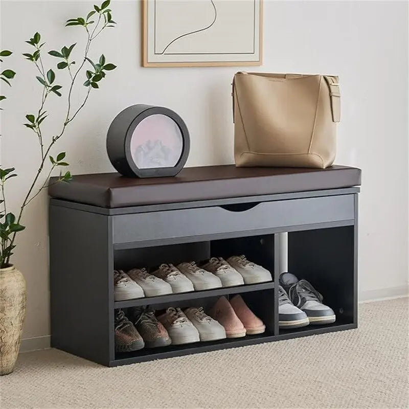 Banc de rangement pour chaussures en similicuir avec coussin, dessus rabattable et étagère à 2 niveaux
