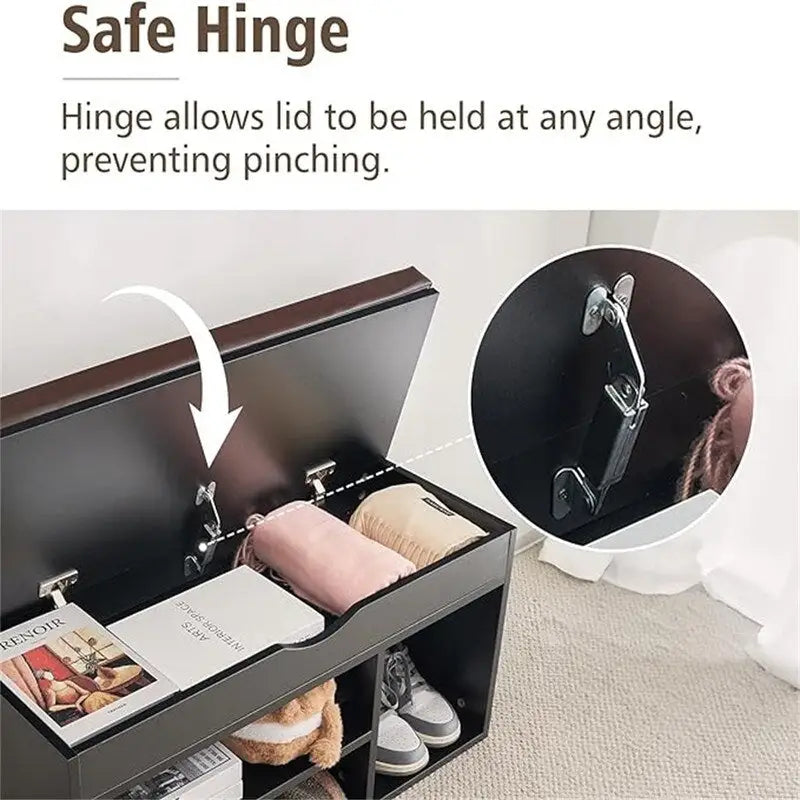Banc de rangement pour chaussures en similicuir avec coussin, dessus rabattable et étagère à 2 niveaux