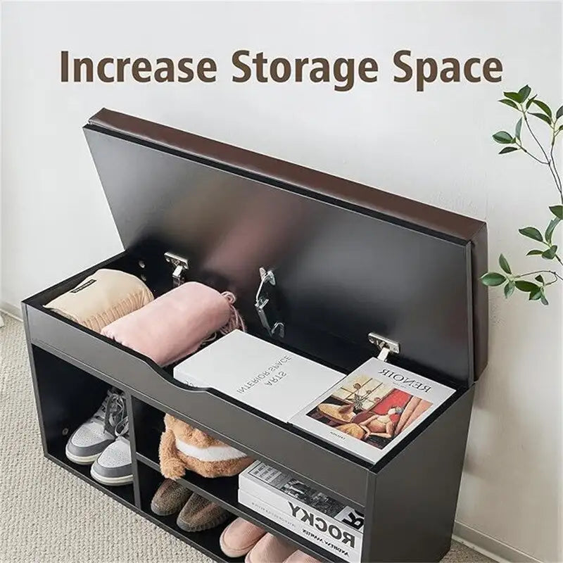 Banc de rangement pour chaussures en similicuir avec coussin, dessus rabattable et étagère à 2 niveaux