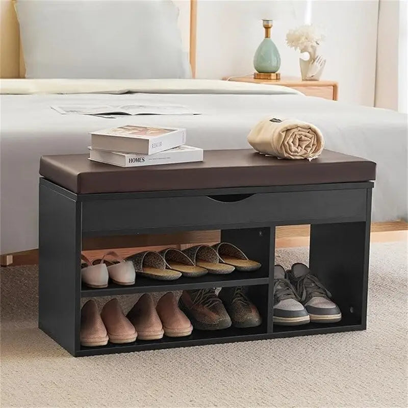 Banc de rangement pour chaussures en similicuir avec coussin, dessus rabattable et étagère à 2 niveaux