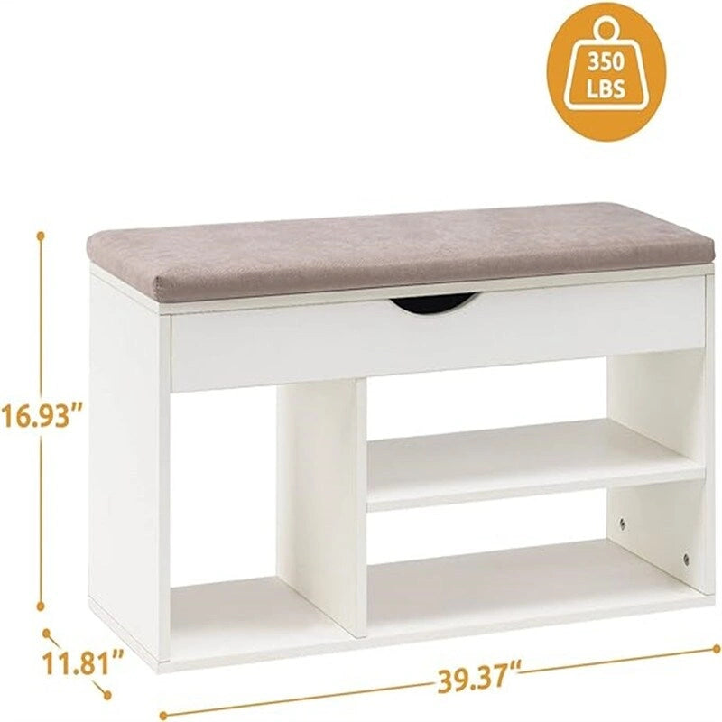 Banc de rangement pour chaussures en similicuir avec coussin, dessus rabattable et étagère à 2 niveaux