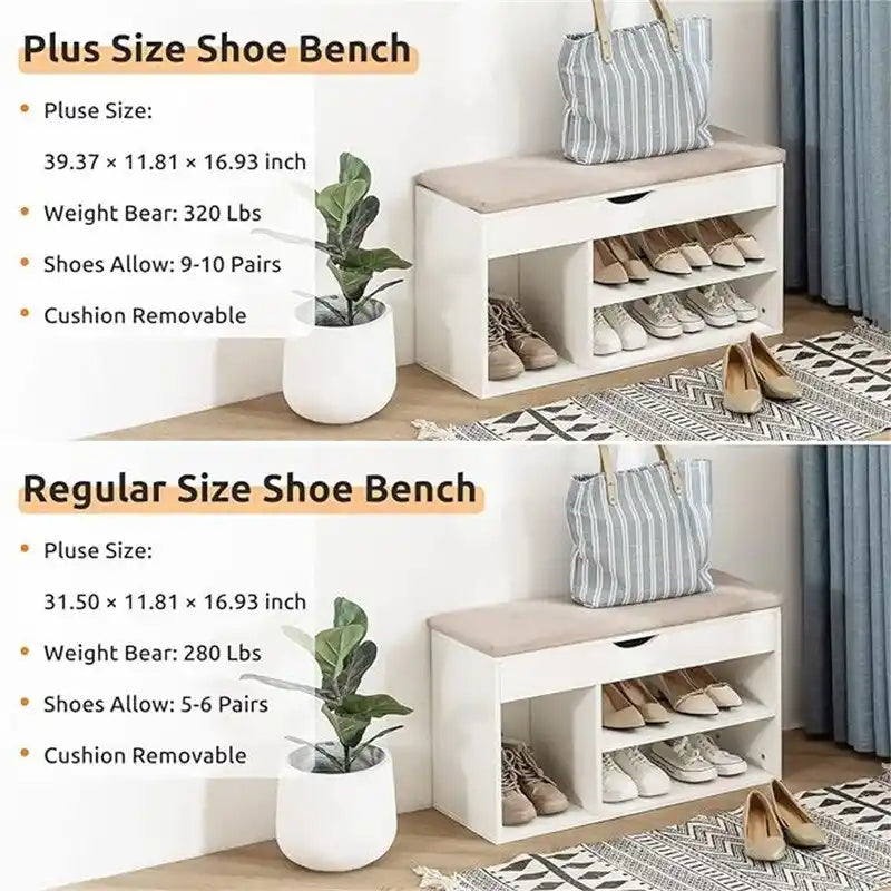 Banc de rangement pour chaussures en similicuir avec coussin, dessus rabattable et étagère à 2 niveaux