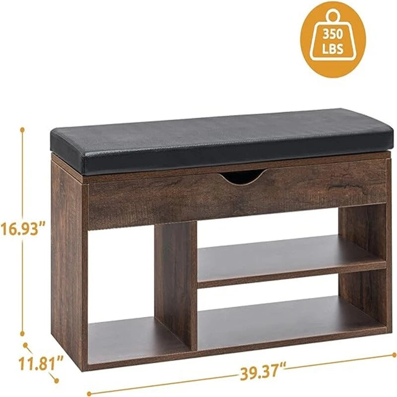 Banc de rangement pour chaussures en similicuir avec coussin, dessus rabattable et étagère à 2 niveaux