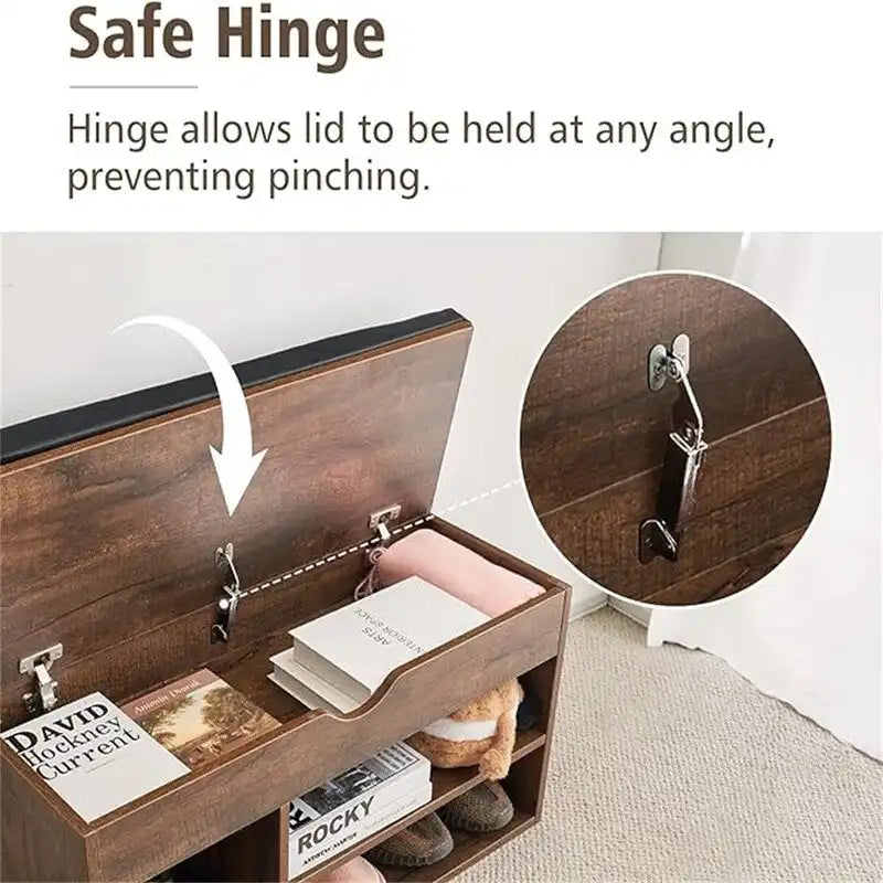 Banc de rangement pour chaussures en similicuir avec coussin, dessus rabattable et étagère à 2 niveaux