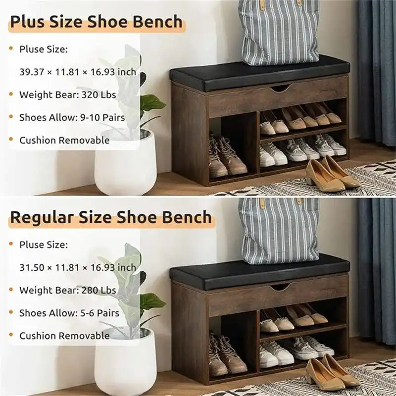 Banc de rangement pour chaussures en similicuir avec coussin, dessus rabattable et étagère à 2 niveaux