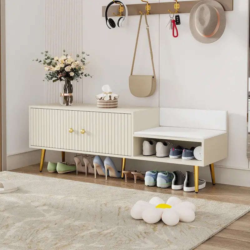 Banc de rangement à chaussures rembourré moderne avec armoire à double porte et étagère ouverte