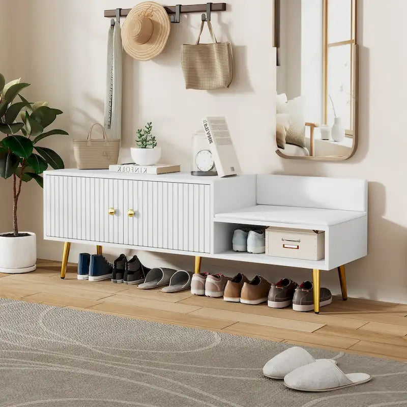 Banc de rangement à chaussures rembourré moderne avec armoire à double porte et étagère ouverte