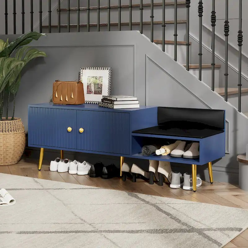 Banc de rangement à chaussures rembourré moderne avec armoire à double porte et étagère ouverte