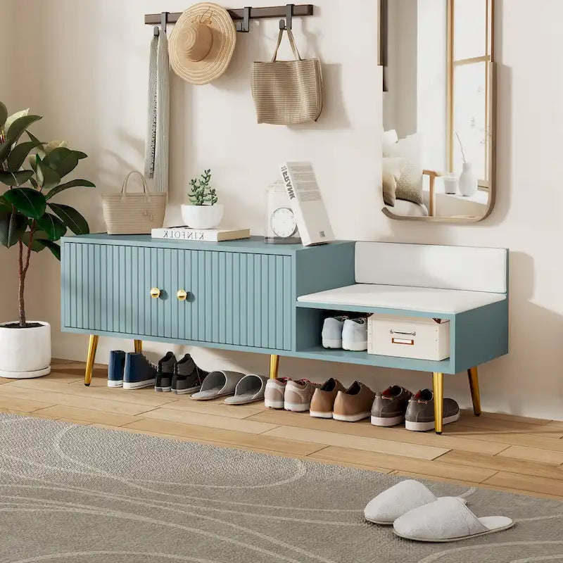 Banc de rangement à chaussures rembourré moderne avec armoire à double porte et étagère ouverte