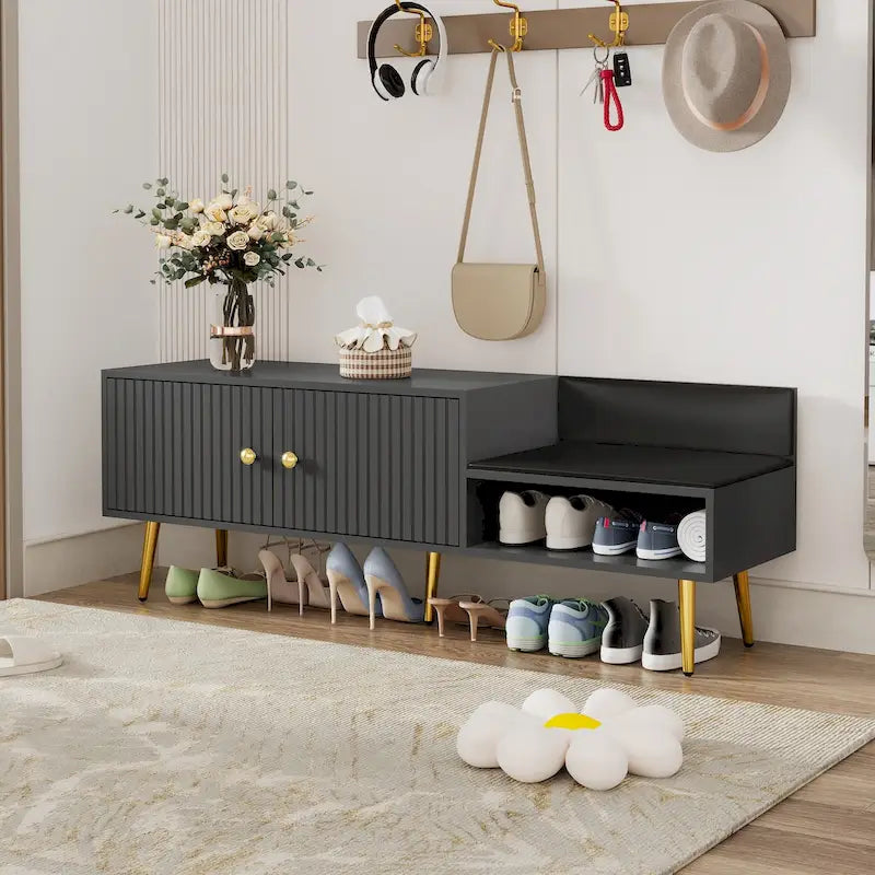 Banc de rangement à chaussures rembourré moderne avec armoire à double porte et étagère ouverte