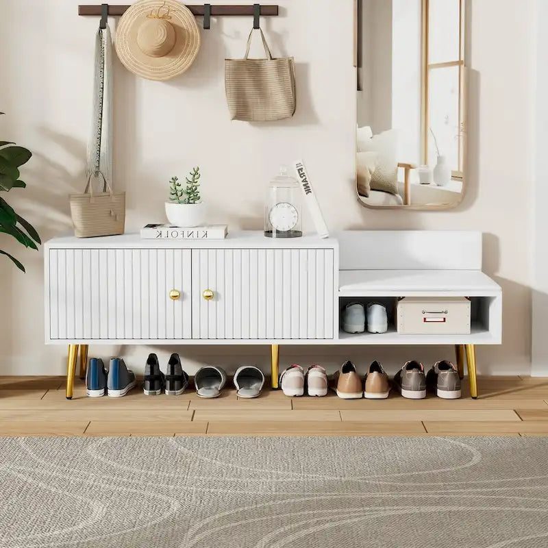 Banc de rangement à chaussures rembourré moderne avec armoire à double porte et étagère ouverte