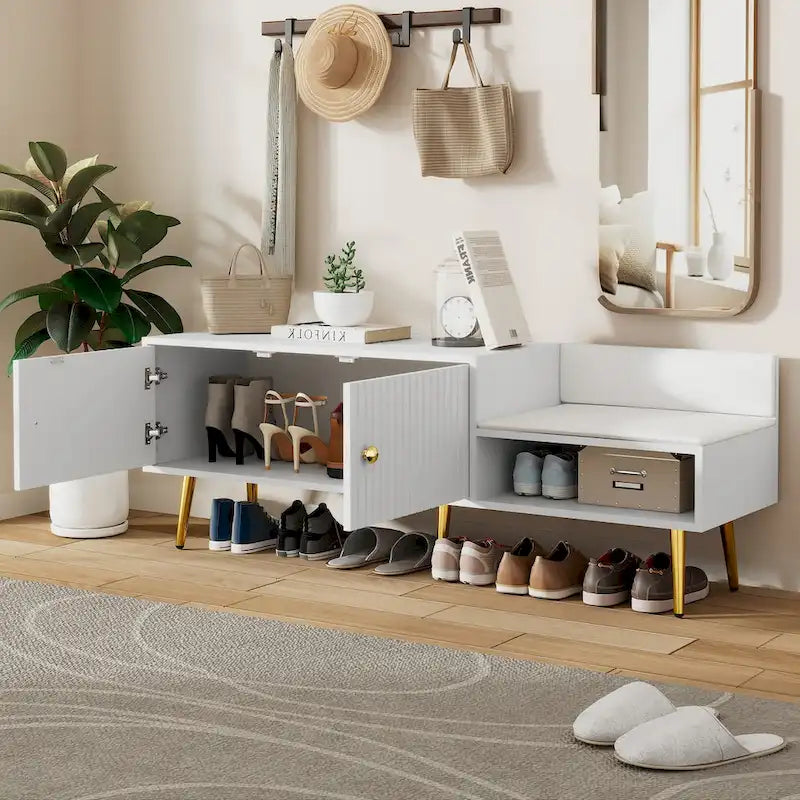 Banc de rangement à chaussures rembourré moderne avec armoire à double porte et étagère ouverte