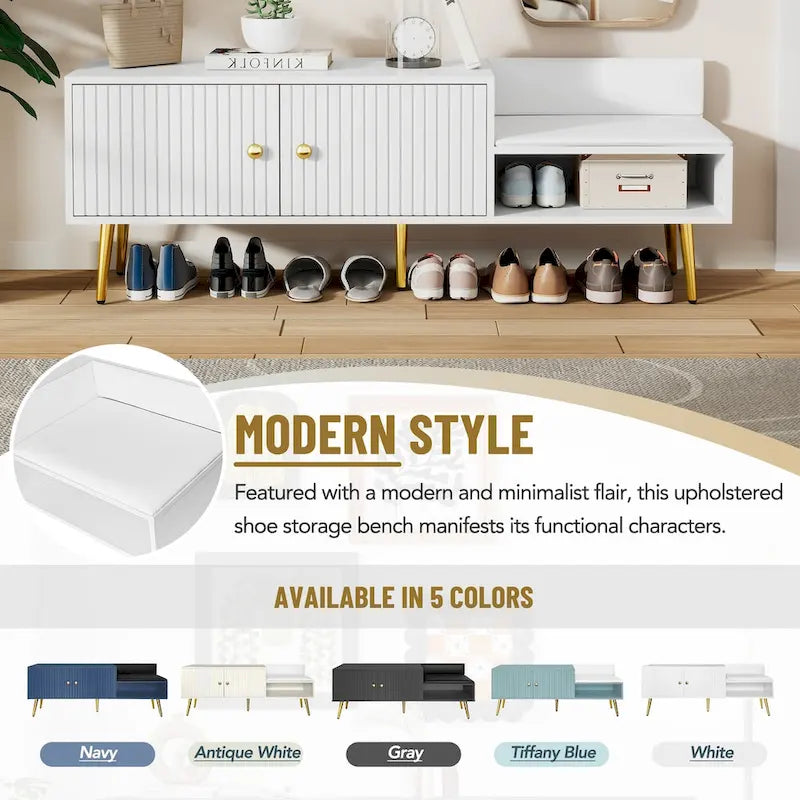 Banc de rangement à chaussures rembourré moderne avec armoire à double porte et étagère ouverte