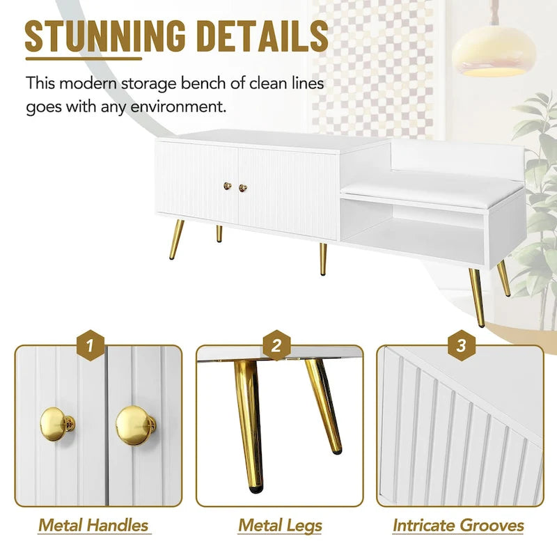Banc de rangement à chaussures rembourré moderne avec armoire à double porte et étagère ouverte