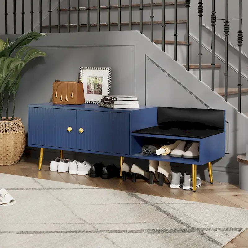 Banc de rangement à chaussures rembourré moderne avec armoire à double porte et étagère ouverte