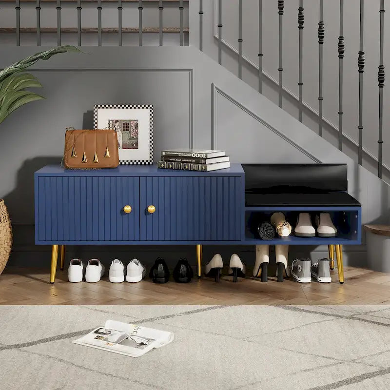 Banc de rangement à chaussures rembourré moderne avec armoire à double porte et étagère ouverte