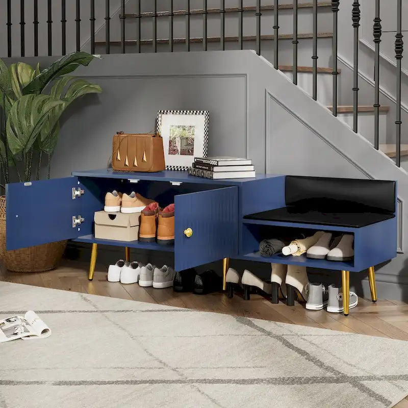 Banc de rangement à chaussures rembourré moderne avec armoire à double porte et étagère ouverte
