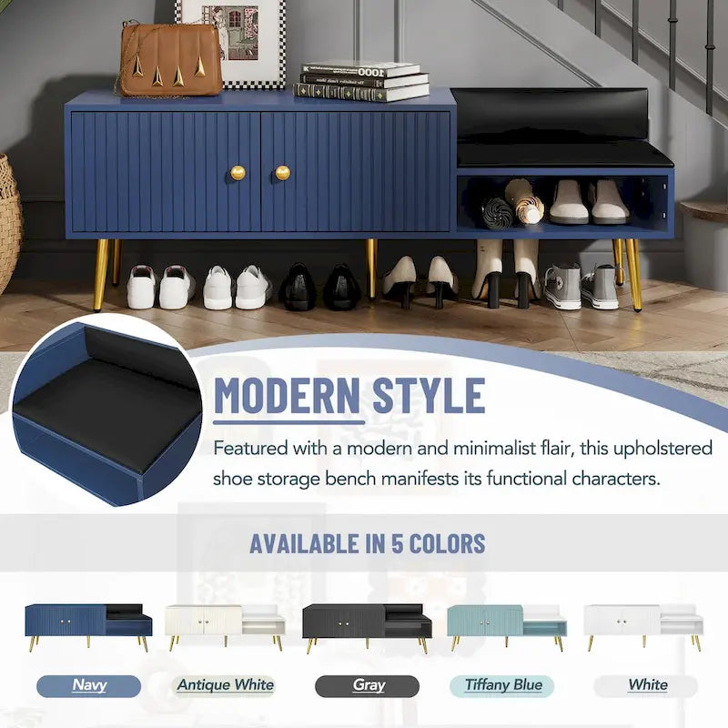 Banc de rangement à chaussures rembourré moderne avec armoire à double porte et étagère ouverte
