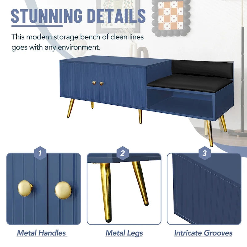 Banc de rangement à chaussures rembourré moderne avec armoire à double porte et étagère ouverte
