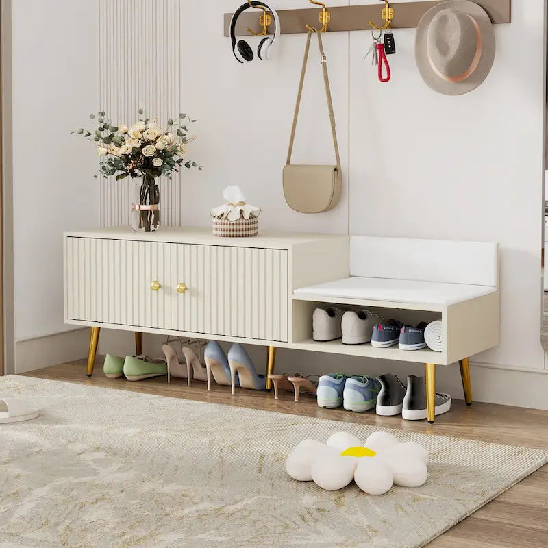 Banc de rangement à chaussures rembourré moderne avec armoire à double porte et étagère ouverte