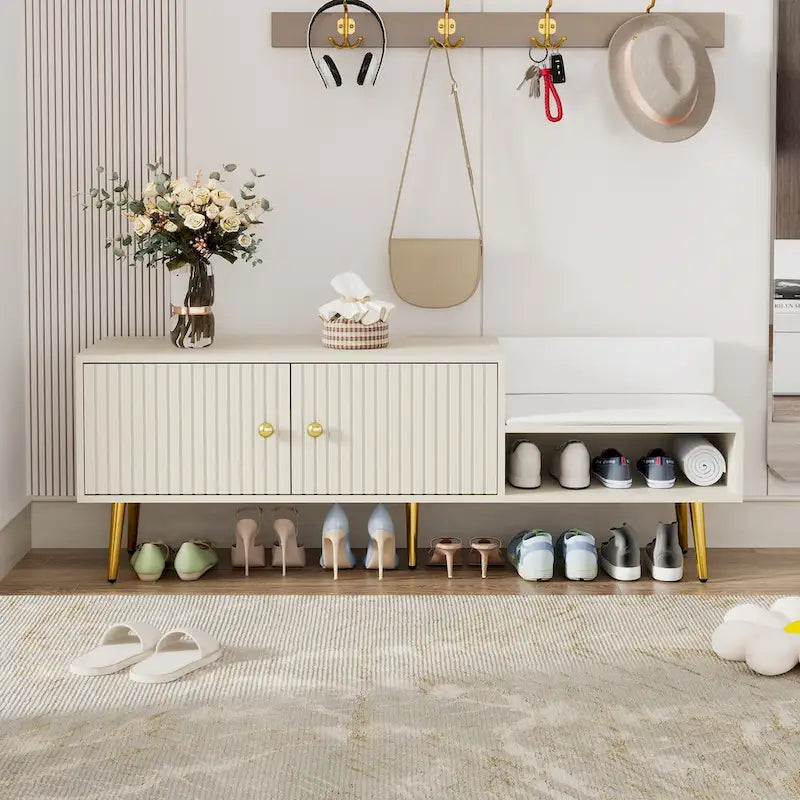 Banc de rangement à chaussures rembourré moderne avec armoire à double porte et étagère ouverte
