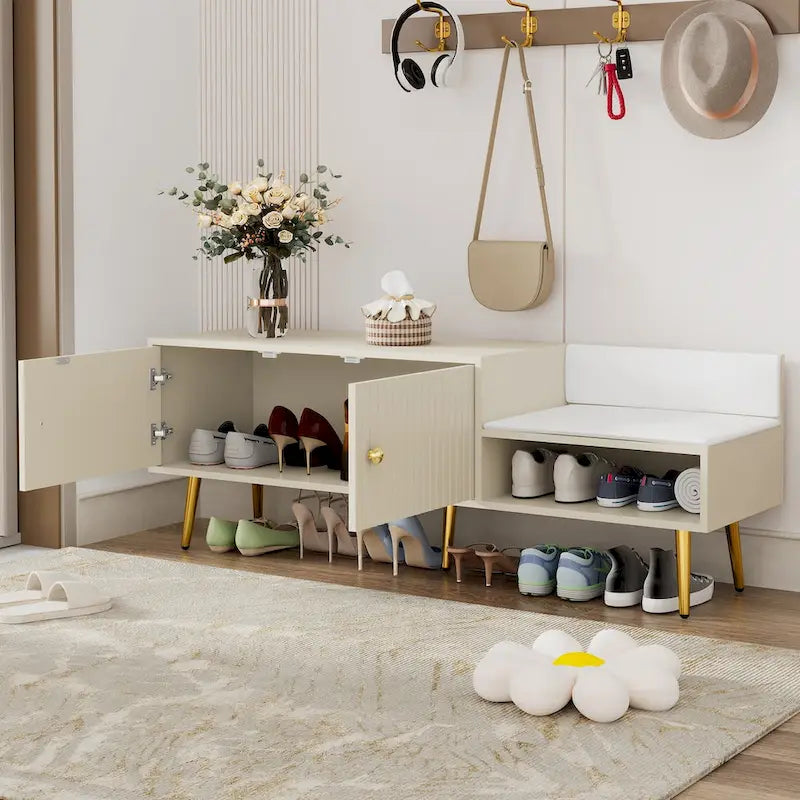 Banc de rangement à chaussures rembourré moderne avec armoire à double porte et étagère ouverte