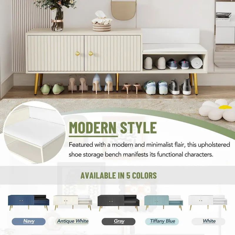 Banc de rangement à chaussures rembourré moderne avec armoire à double porte et étagère ouverte